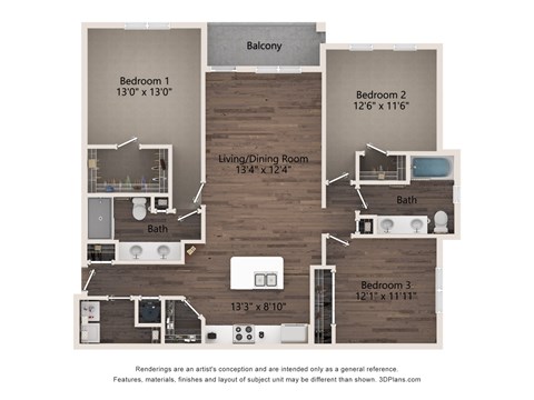 Floor plan for 3 beds, 2 baths, 1392 sqft